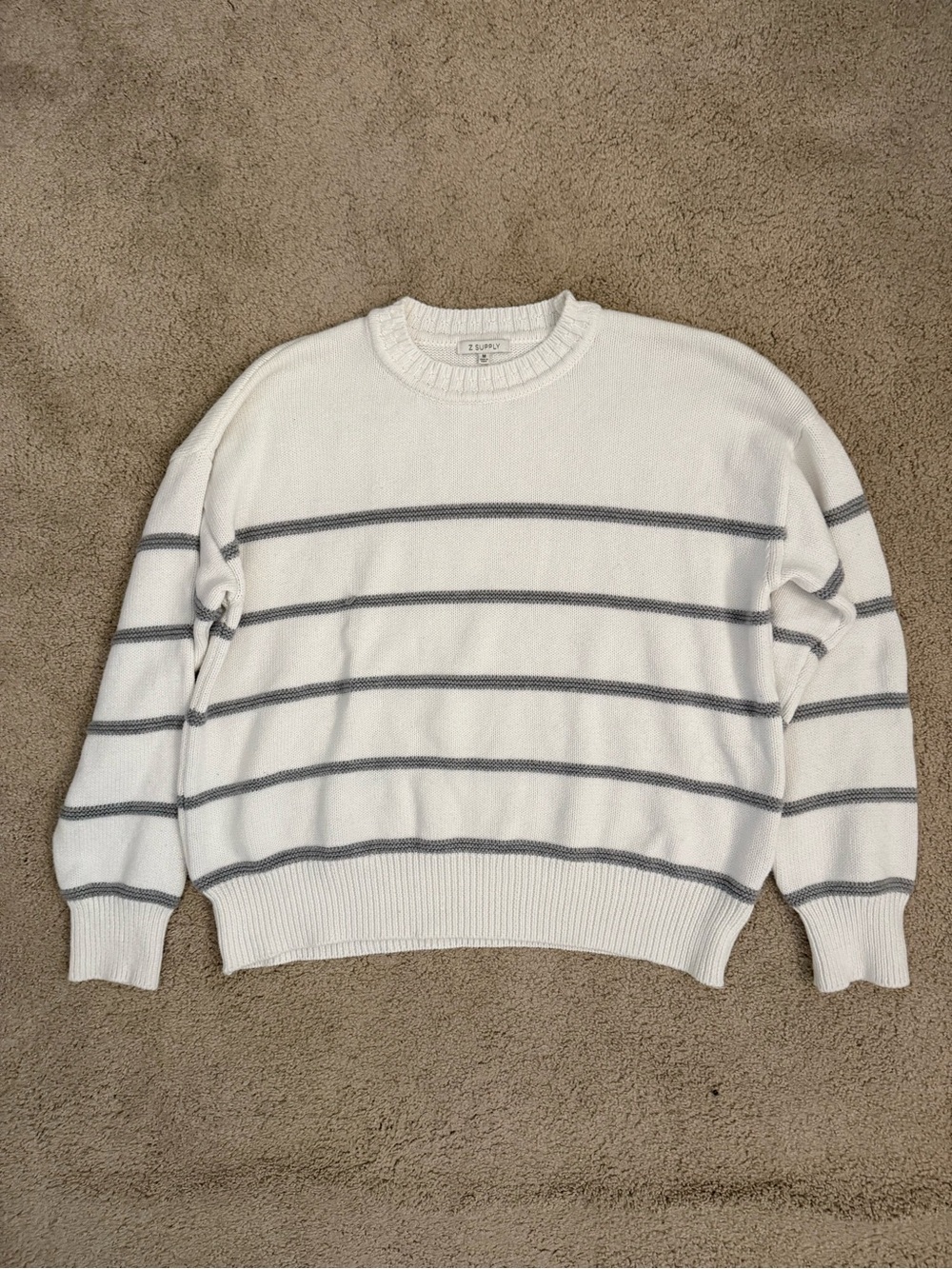 Z Supply White Crewneck Sweater with Gray Stripe Detail